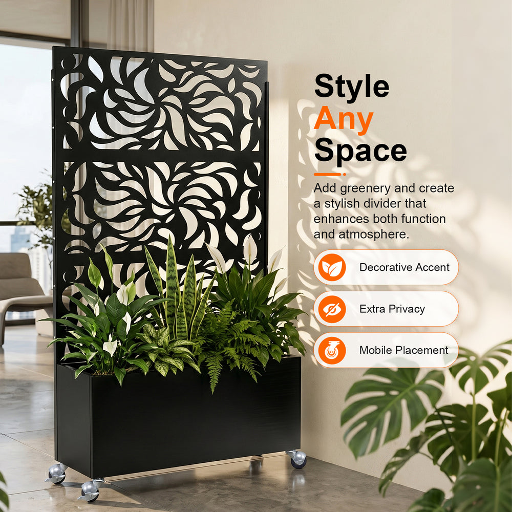 70.87' H × 46.06' W Leaf Pattern Privacy Screen with Planter Box, Black Metal Freestanding Decorative Fence Planter for Patio Balcony Backyard Media 7