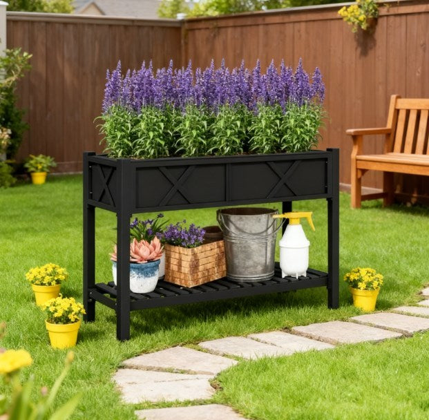 Elevated Wood Planter Box,Raised Garden Bed,with Storage Shelf,Drainage Holes,and Liner Media 6