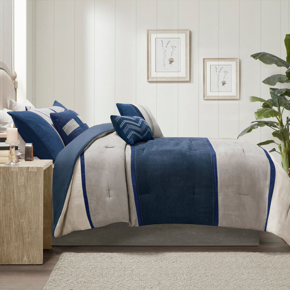 7 Piece Faux Suede Comforter Set Blue King Media 8