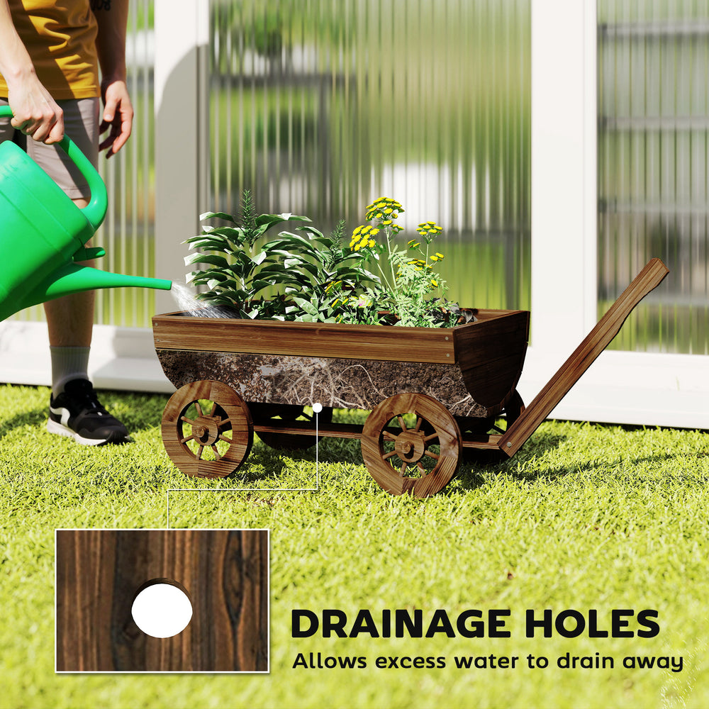 Outsunny Wooden Wagon Planter Box, Mobile Garden Planter with 4 Wheels, Small Wheelbarrow Wagon Flower Cart with Drainage Hole Media 6