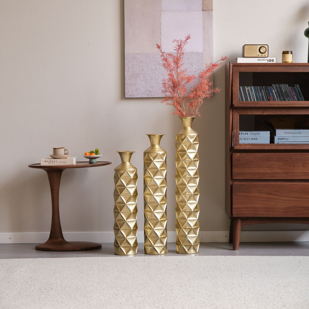 Metal Decorative Vase High Distress Metal Center Vase With 3D Triangle Pattern, Set Of 3 Vases for Home Decoration 33.5', 29.5', 25.2'High, Gold Media 16