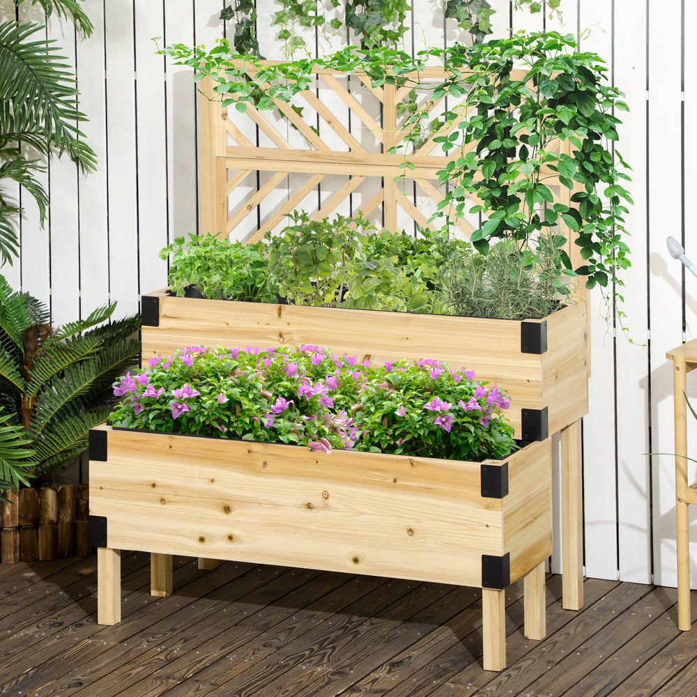 Outsunny Raised Garden Bed with Trellis, 2 Tier Wooden Elevated Planter Box with Legs and Metal Corners for Vegetables, Flowers, Herbs, Natural Media 8