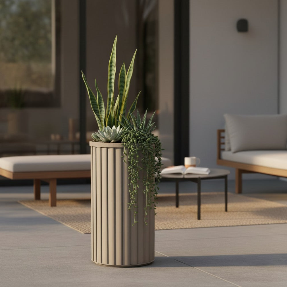 Round Strata Column Planter LG - Grey Brown Media 2
