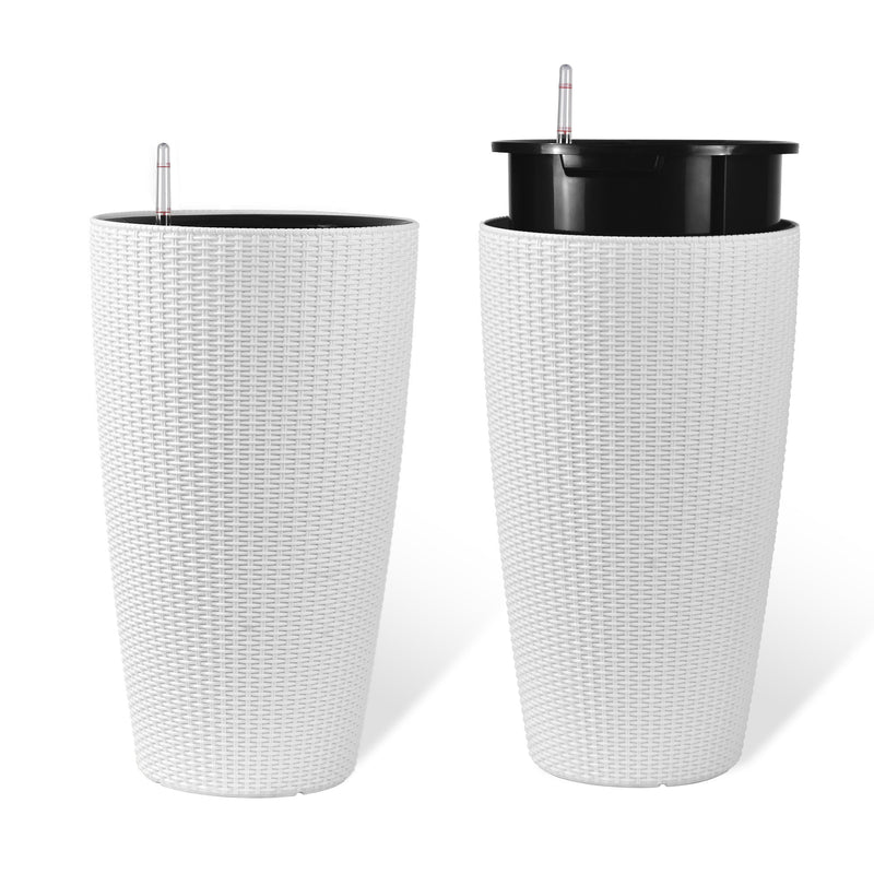Faux Rattan Tall Planters Set with Water Level Monitor and Automatic Watering, White, Polypropylene, 22 Inch