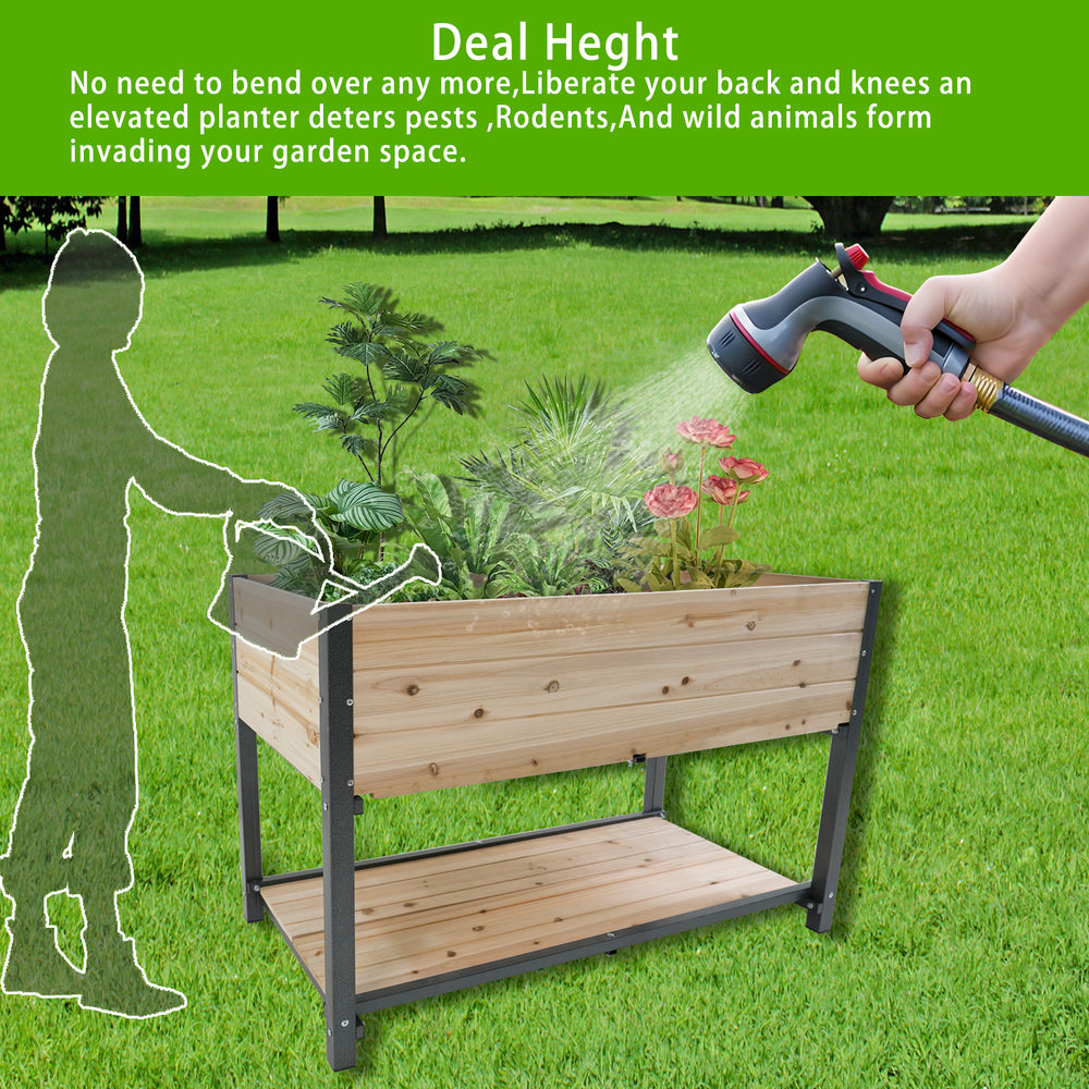 New style:     45'  Iron-wood combined growing beds with feet and storage racks. Suitable for various places such as gardens, backyards, terraces, balconies, etc. Media 4
