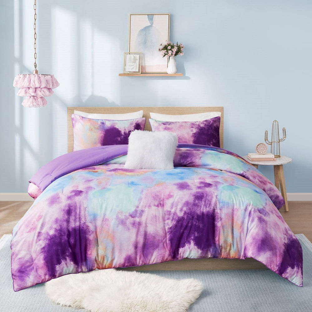 King/Cal King Watercolor Tie Dye Printed Comforter Set with Throw Pillow Media 4