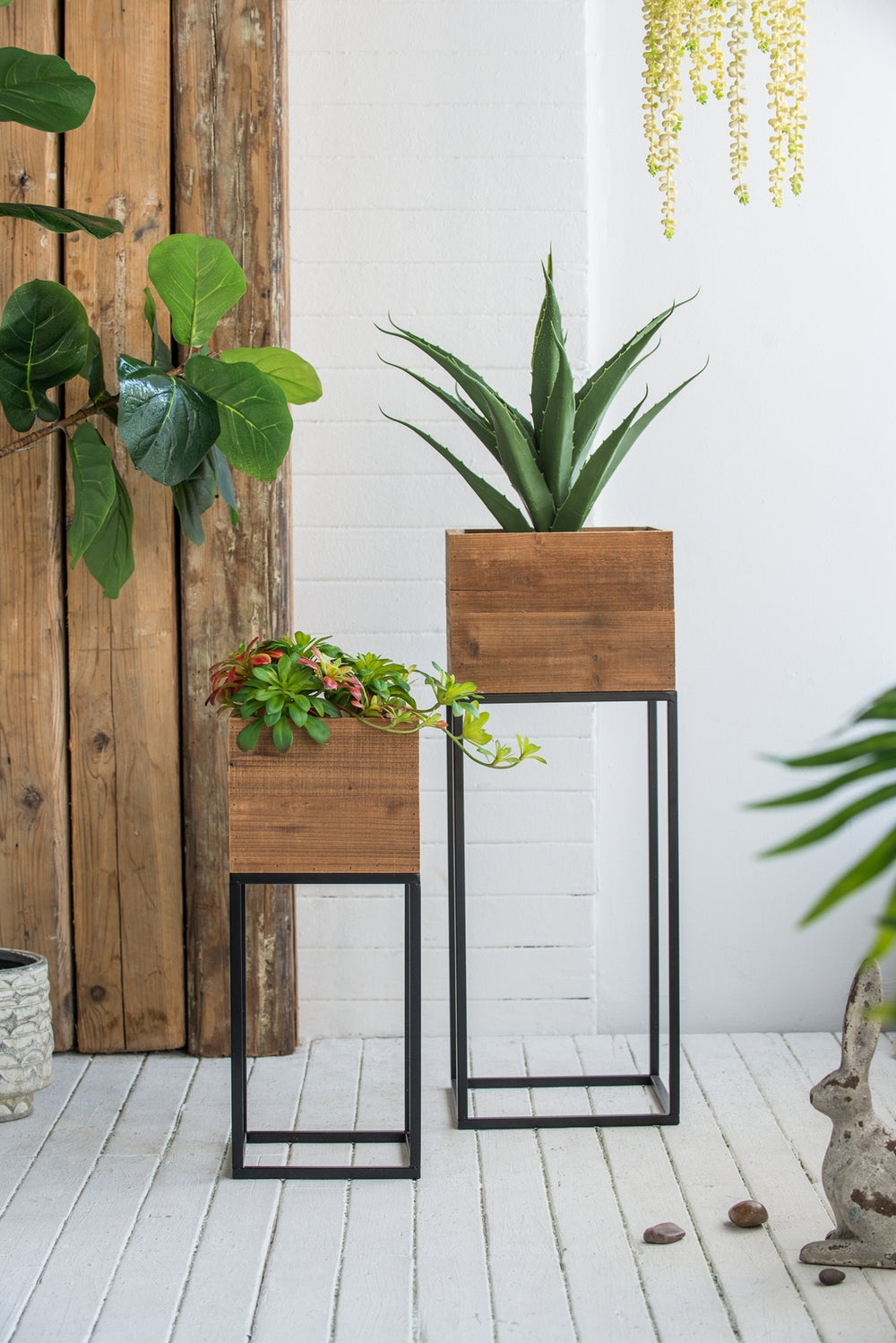 Set of 2 Reclaimed Wooden Box With Black Iron Stand, L:11x11x29.5' S:8.5x8.5x21.5' Media 17