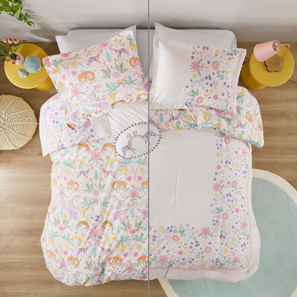 3 PCS Twin Floral Reversible Cotton Comforter Set with Throw Pillow Purple Media 3