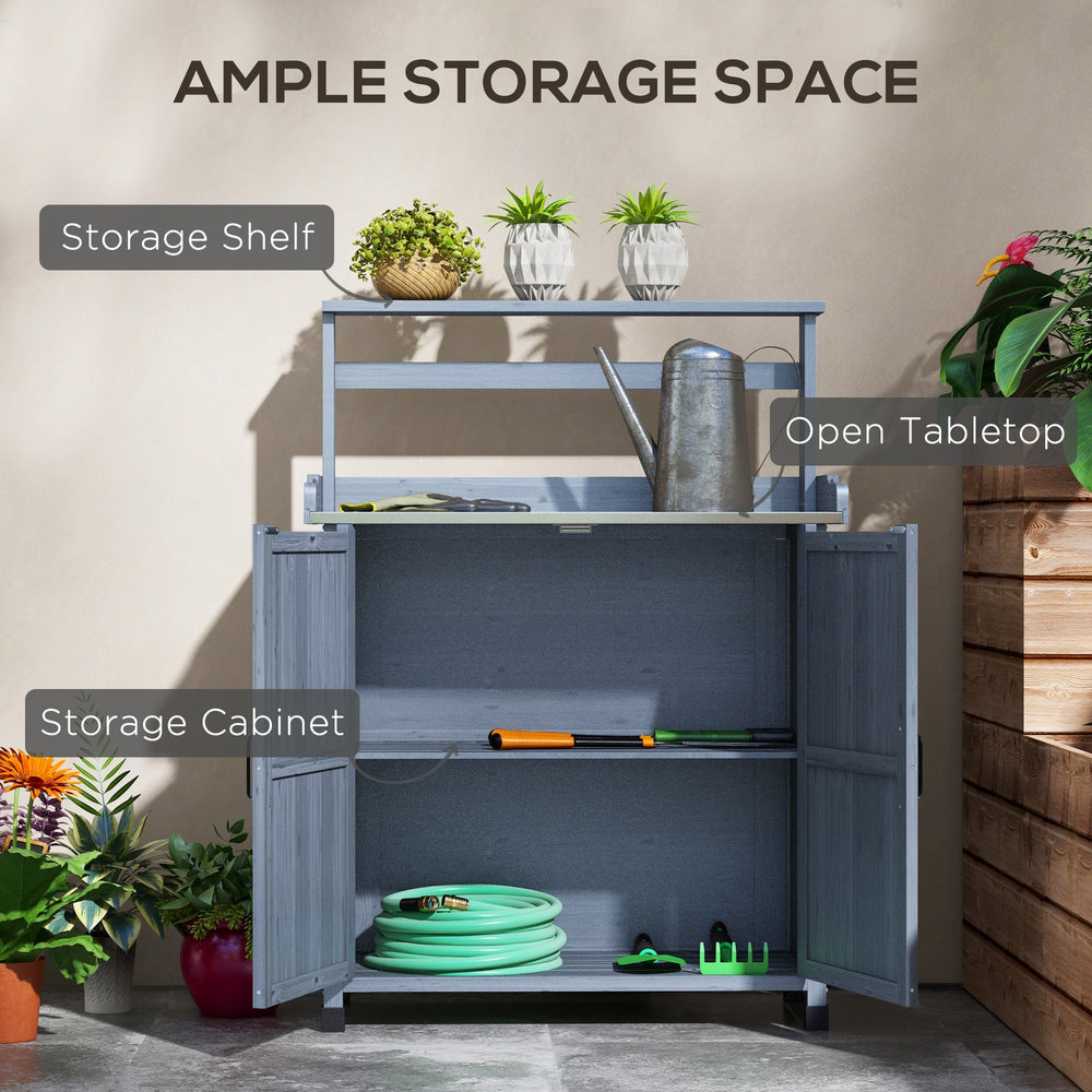 Outsunny Potting Bench, Outdoor Wooden Potting Table with Storage Cabinet with 2 Shelves, Garden Work Bench with Galvanized Plated Tabletop for Backyard, Balcony, Gray Media 5