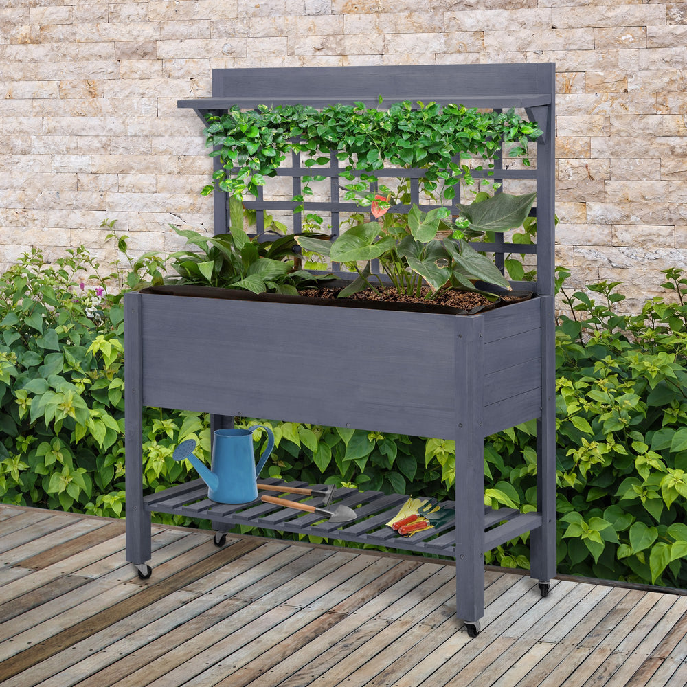 Outsunny 41' Raised Garden Bed with Trellis on Wheels, Wooden Elevated Planter Box with Legs and Bed Liner, for Flowers, Herbs & Vegetables, Gray Media 6
