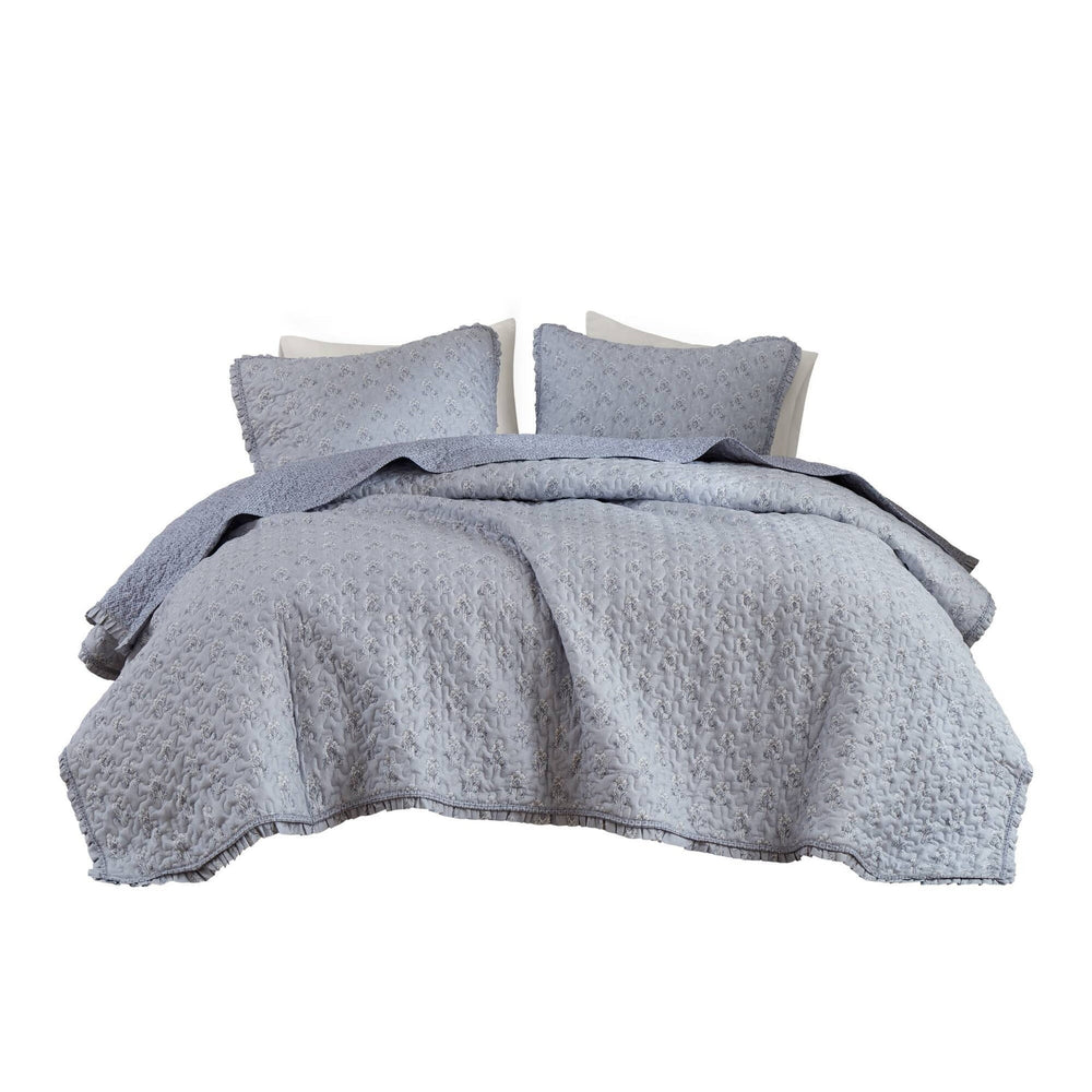 3-Piece Queen 3 Piece Ruffle Printed Quilt Set,Blue Media 16