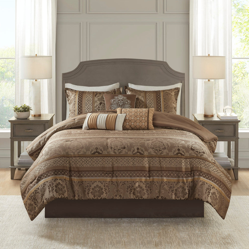 7 Piece Jacquard Comforter Set Brown/Gold King Media 8