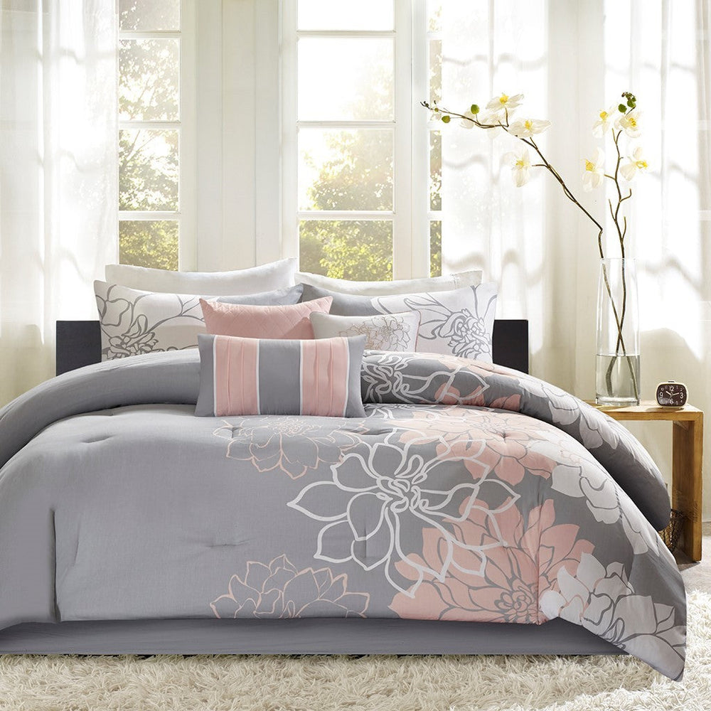 Printed Cotton Sateen Comforter Set Grey/Peach Cal King Media 1