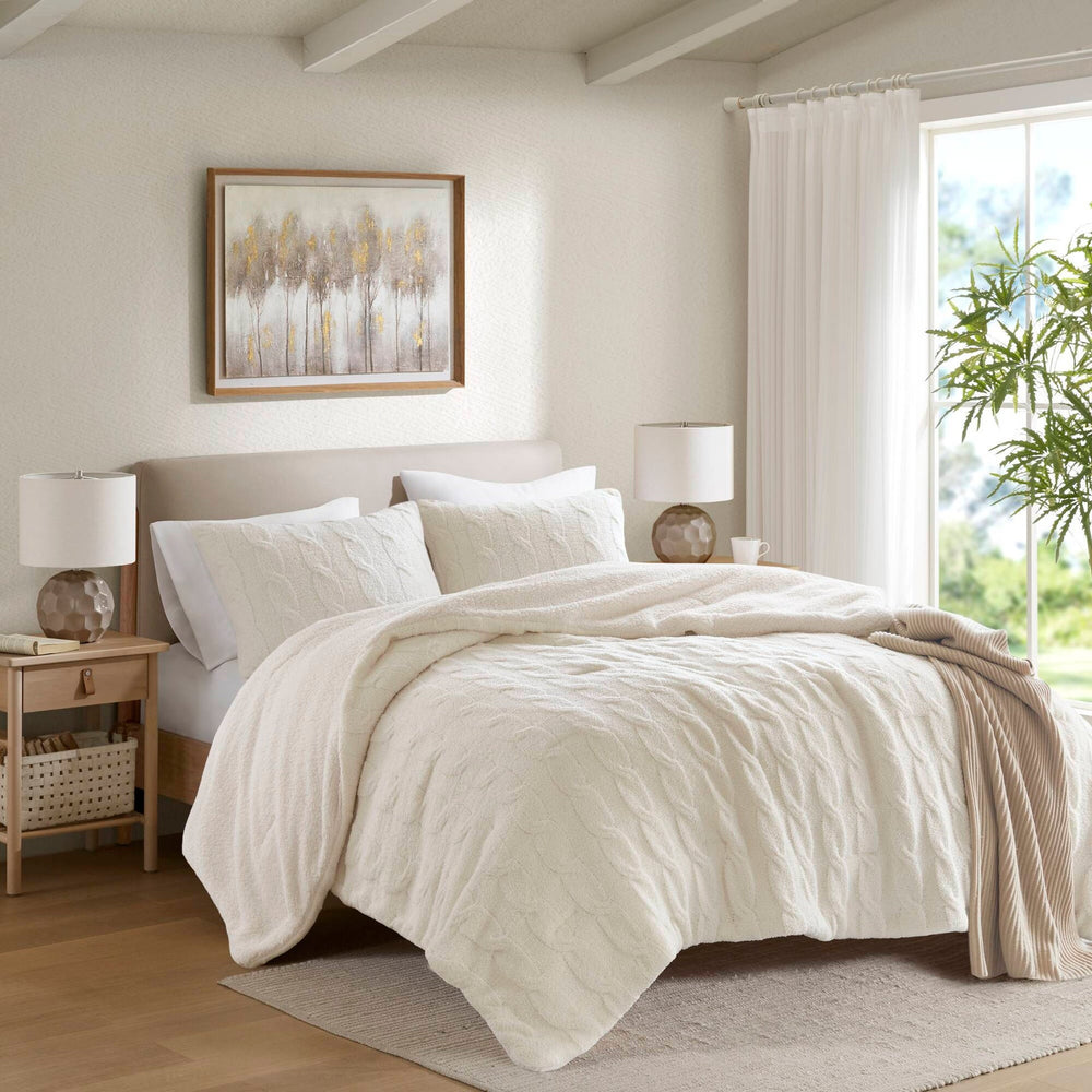 3 Pieces King/Cal King Cable Knit Chenille Comforter Set,Ivory Media 18