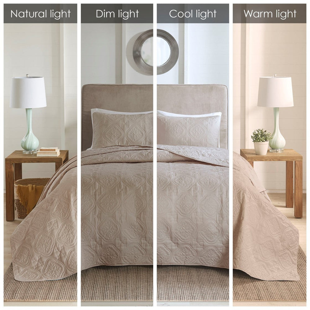 3 Piece Reversible Bedspread Set Khaki Full/Queen Media 4
