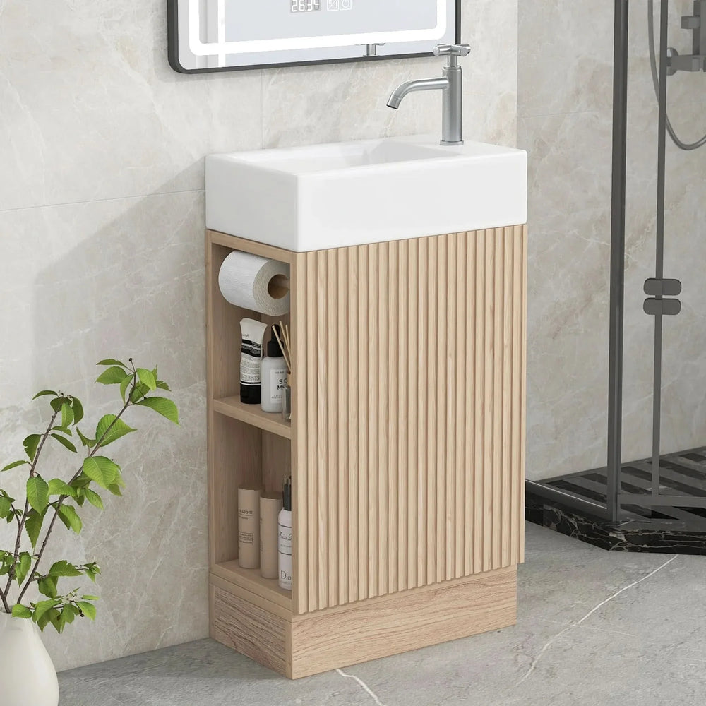Bathroom Vanity Natural Finish & Two Tier Shelf & Left Or Right Orientation Media 2