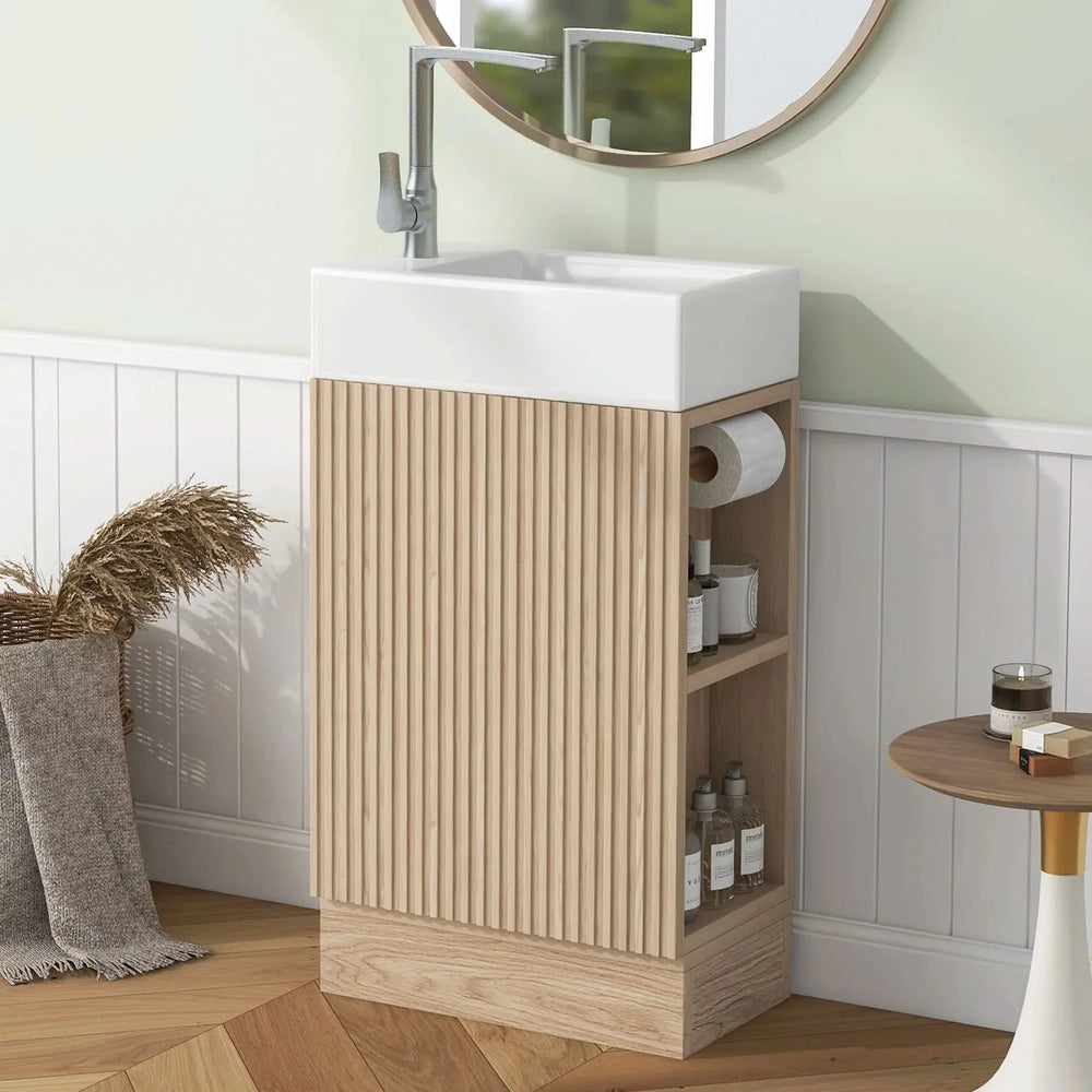 Bathroom Vanity Natural Finish & Two Tier Shelf & Left Or Right Orientation Media 1