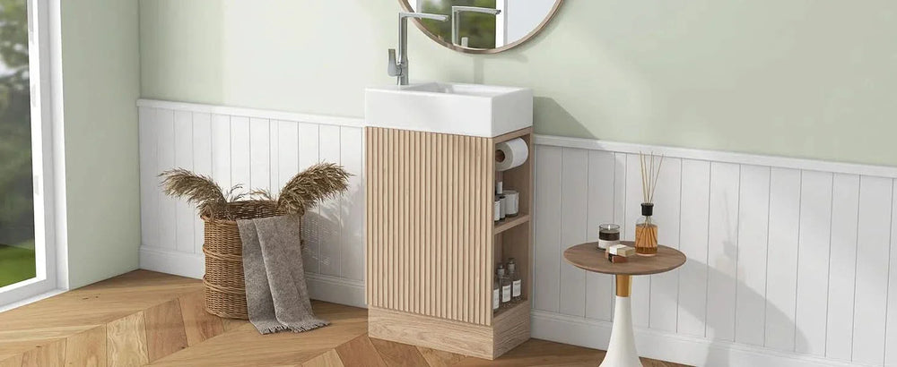 Bathroom Vanity Natural Finish & Two Tier Shelf & Left Or Right Orientation Media 26