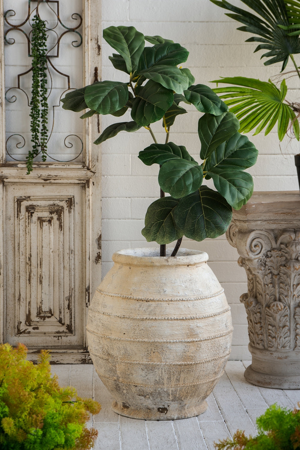 17.5x17.5x18.5' Round Magnesium Flower Pot with Weathered White Finish and Ridged Texture Media 7