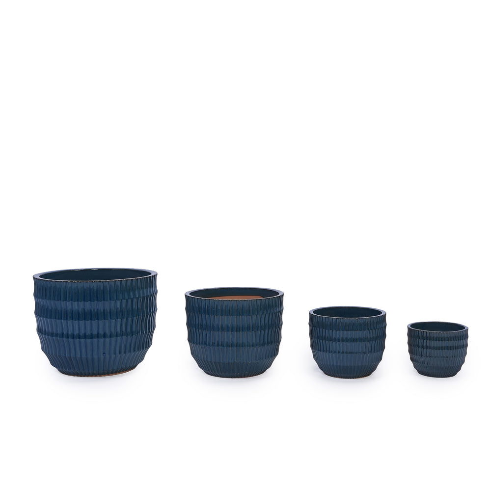 Handmade Denim Blue Glaze Ceramic Planter Set of 4, 7/9/12/14 Inch, Horizontal Grooves, Indoor & Outdoor Herb Succulent Pots, Breathable Clay with Drainage Holes Media 8