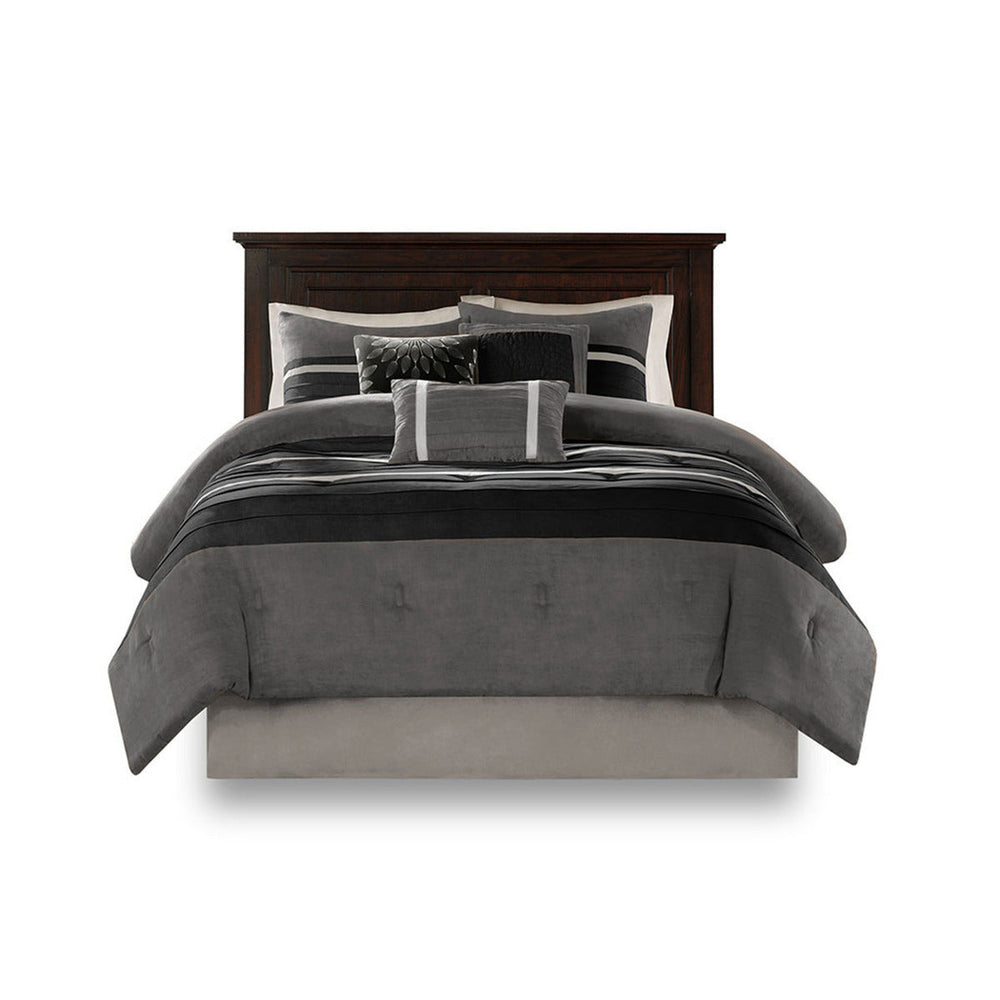7 PC Pieced Faux Suede Comforter Set Black King Media 8