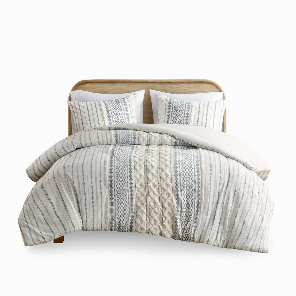 Cotton Printed Comforter Set with Chenille White/Navy King/Cal King Media 13