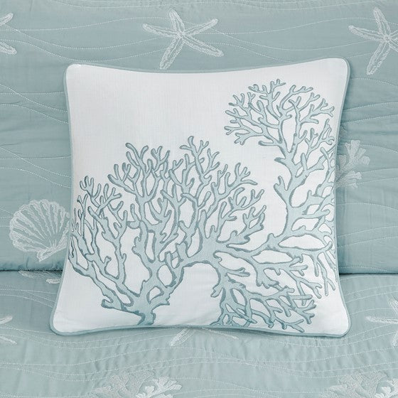 4 Piece Cotton Reversible Embroidered Quilt Set with Throw Pillow Aqua Full/Queen Media 7