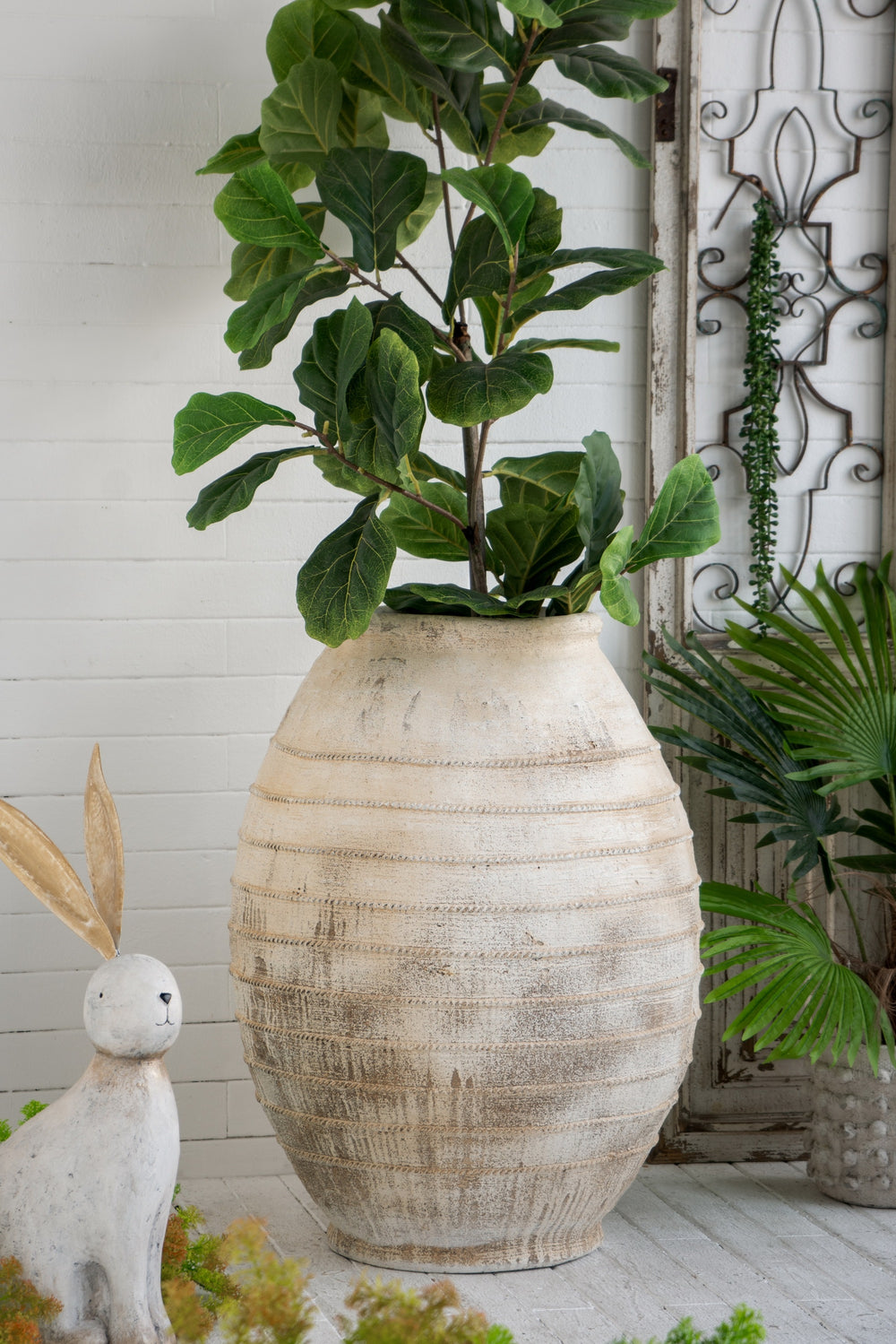 22.5x22.5x30.5' Large Magnesium Flower Pot with Weathered White Finish and Ridged Texture Media 1