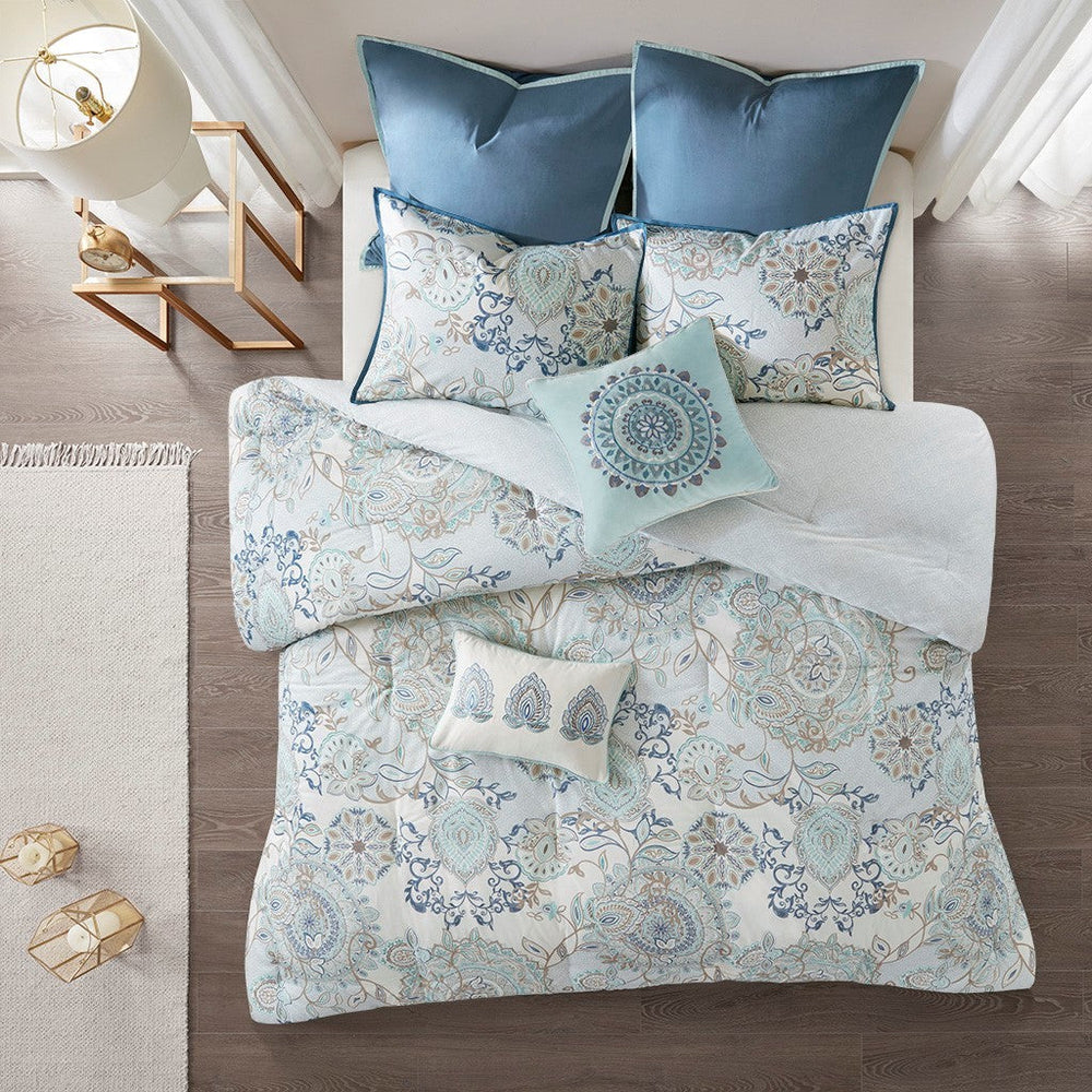 8 Piece Cotton Floral Printed Reversible Comforter Set Blue King Media 7
