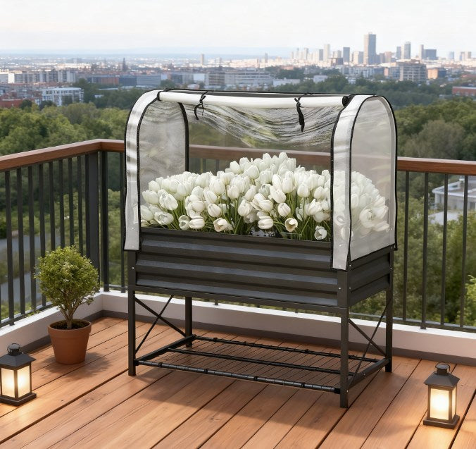 Metal Elevated Planter Box,Raised Garden Bed with Legs and Cover,with Bottom Shelf and Liner for Vegetables Media 1