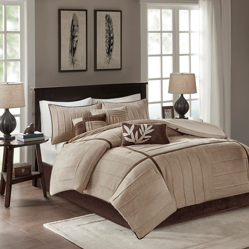 7 Piece Faux Suede Comforter Set Beige King Media 1