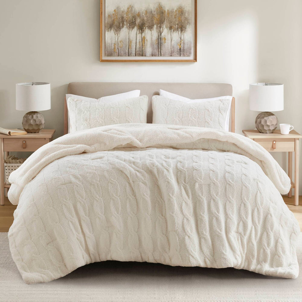 3 Pieces Full/Queen Cable Knit Chenille Comforter Set,Ivory Media 1