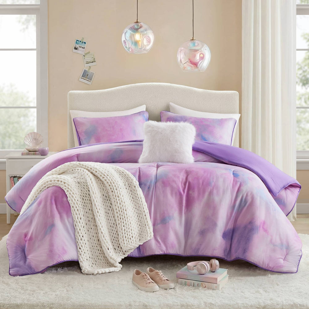 4 Pieces King/Cal King Watercolor Tie Dye Printed Comforter Set with Throw Pillow,Purple Media 21