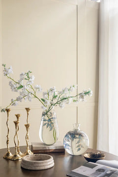 Round Clear Glass Vase with Blue and Gold Botanical Motifs perspective