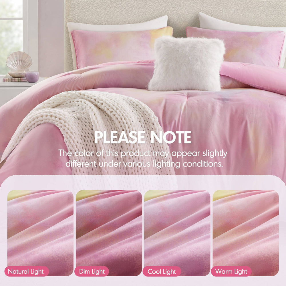 4 Pieces King/Cal King Watercolor Tie Dye Printed Comforter Set with Throw Pillow,Pink Media 5