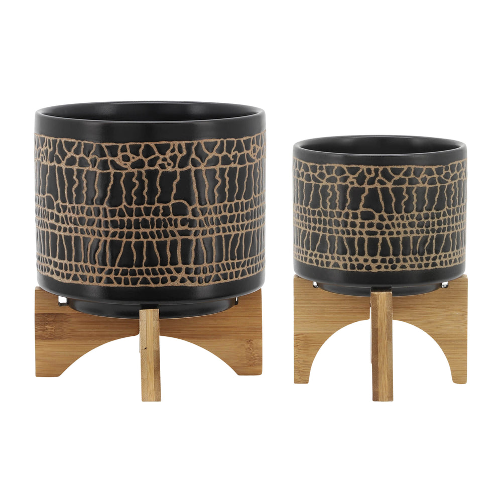 S/2 5/8' GLAZED PLANTER W/ STAND, BLACK Media 2