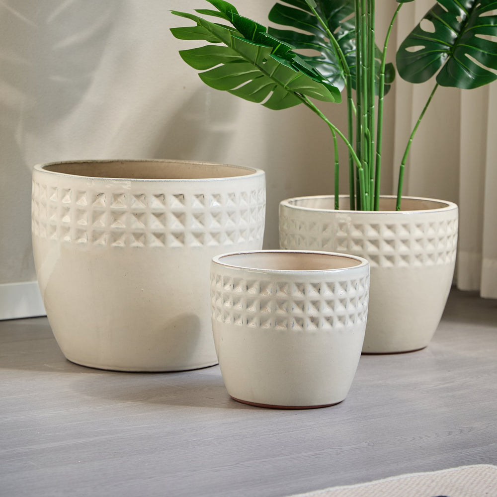 Handmade Ceramic Flower Pot Set of 3, 15/12/9 Inch Diameter, White Diamond Pattern, for Succulents Indoor/Outdoor Use on Windowsill & Bookshelf, Breathable Clay Media 1