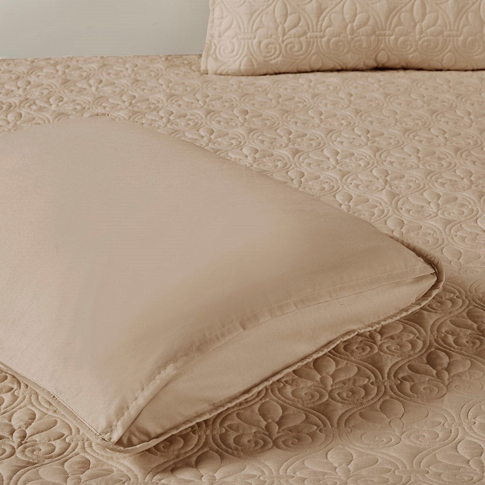 3 Piece Split Corner Pleated Quilted Bedspread Khaki King Media 3