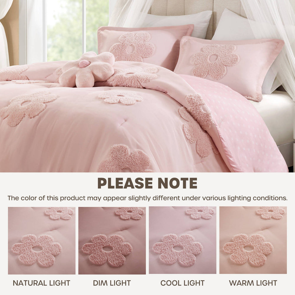 4-Piece Full/Queen Floral Reversible Tufted Chenille Comforter Set with Flower Throw Pillow,Pink Media 3