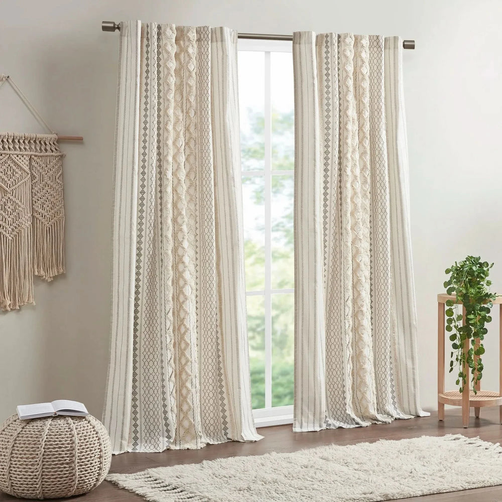Cotton Curtain Panel 50x108 Inches Printed Chenille Stripe Lined Ivory Media 9