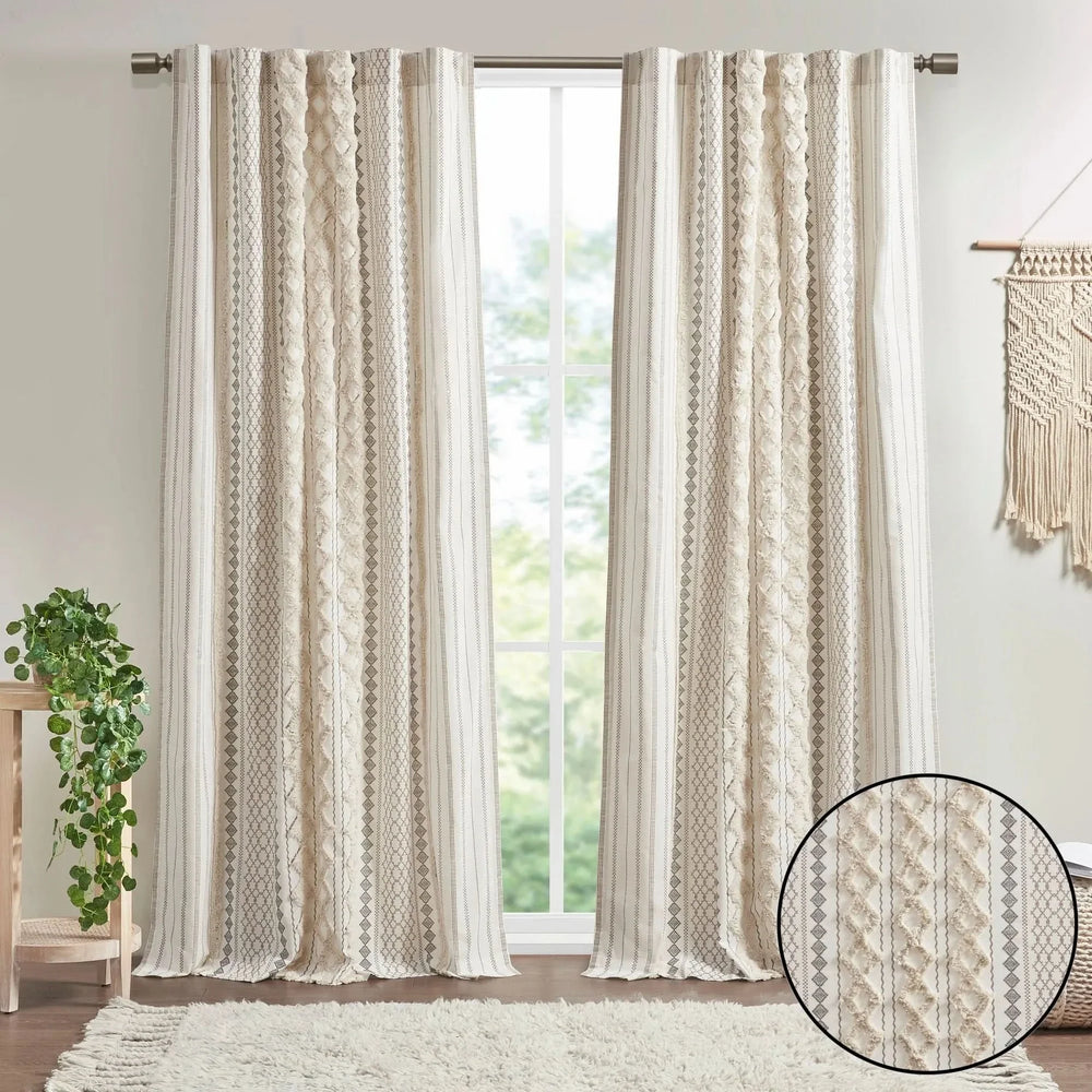 Cotton Curtain Panel 50x108 Inches Printed Chenille Stripe Lined Ivory Media 5