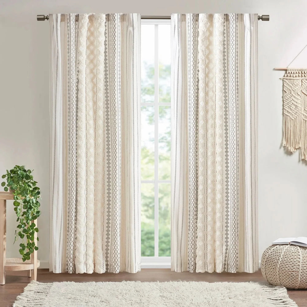 Cotton Curtain Panel 50x108 Inches Printed Chenille Stripe Lined Ivory Media 1