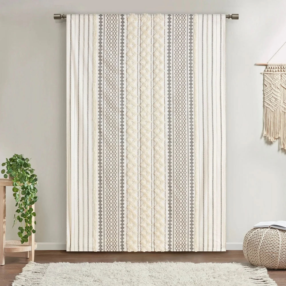 Cotton Curtain Panel 50x108 Inches Printed Chenille Stripe Lined Ivory Media 3