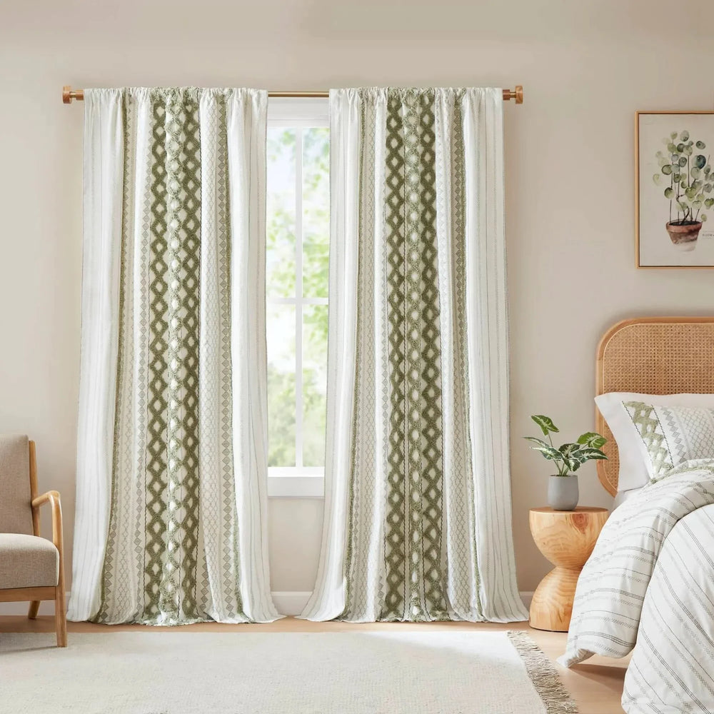 Cotton Curtain Panel Tufted Chenille Stripe Green Lining Fabric Bedroom Media 1