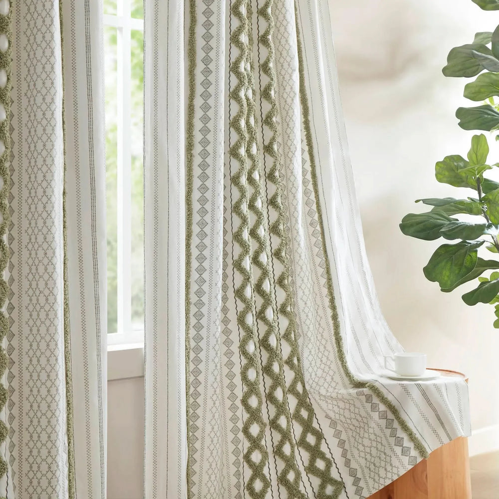 Cotton Curtain Panel Tufted Chenille Stripe Green Lining Fabric Bedroom Media 14