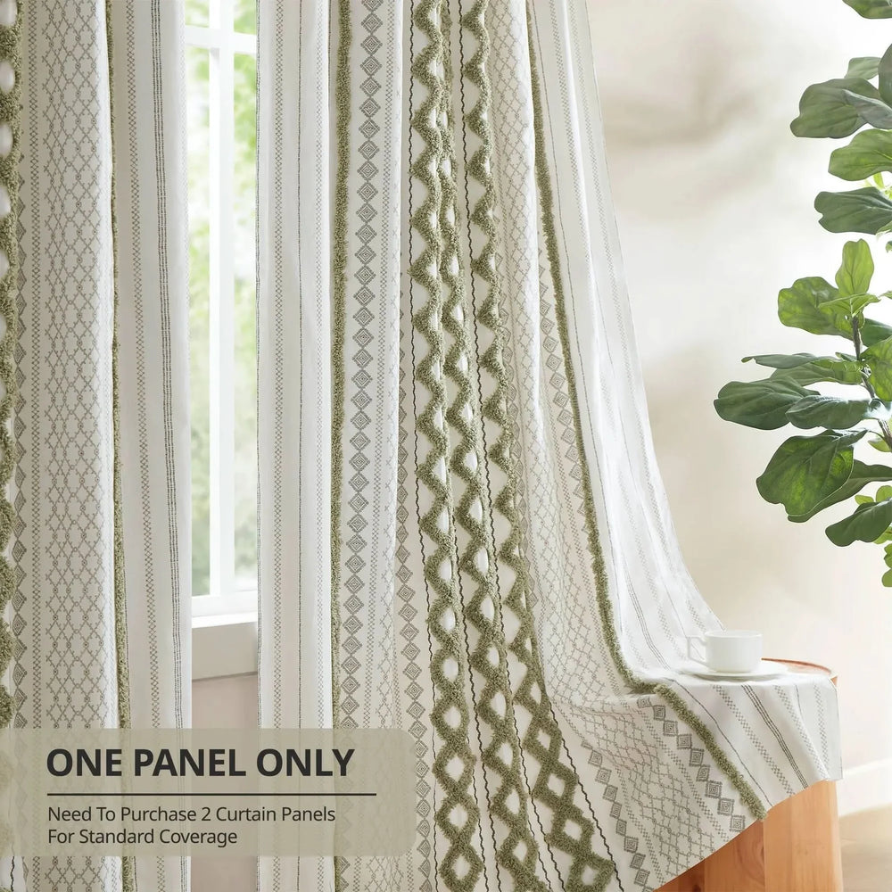 Cotton Curtain Panel Tufted Chenille Stripe Green Lining Fabric Bedroom Media 7