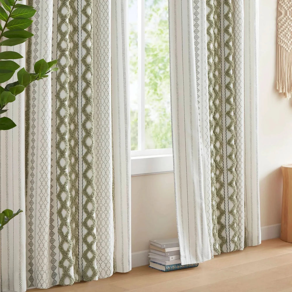 Cotton Curtain Panel 50x95 Inches Printed Chenille Stripe & Lined Green Media 9
