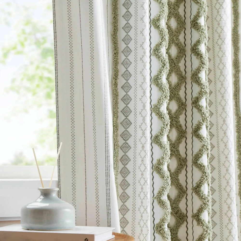 Cotton Curtain Panel 50x95 Inches Printed Chenille Stripe & Lined Green Media 16