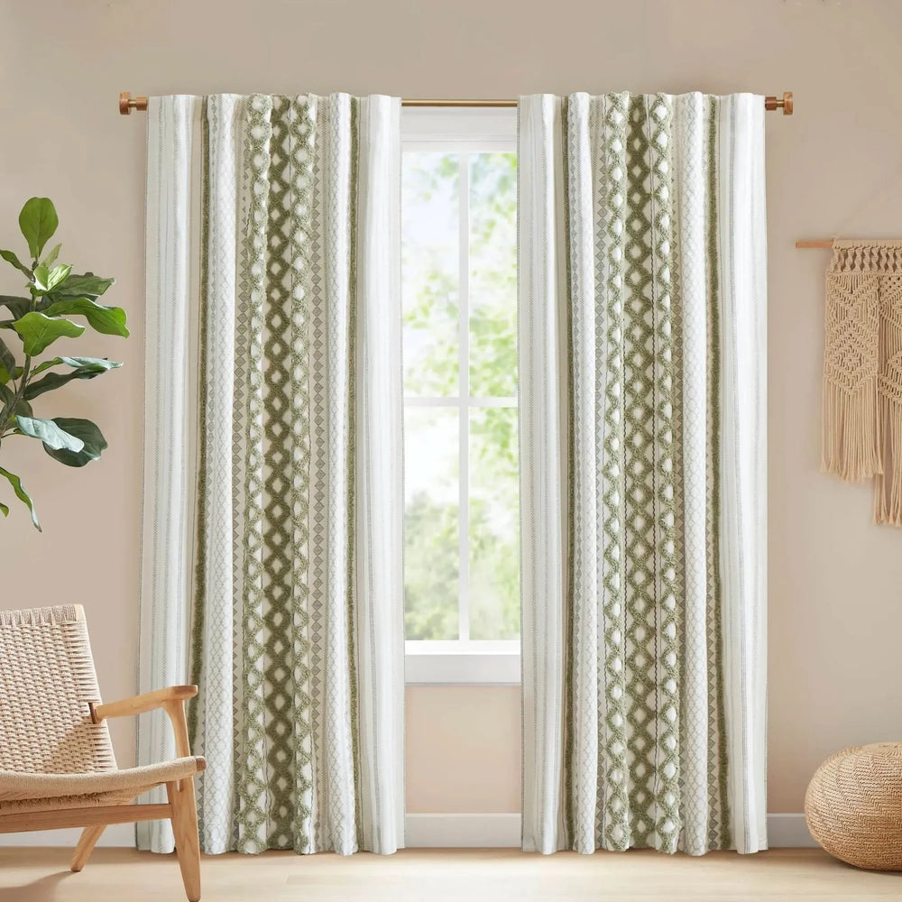 Cotton Curtain Panel 50x95 Inches Printed Chenille Stripe & Lined Green Media 15