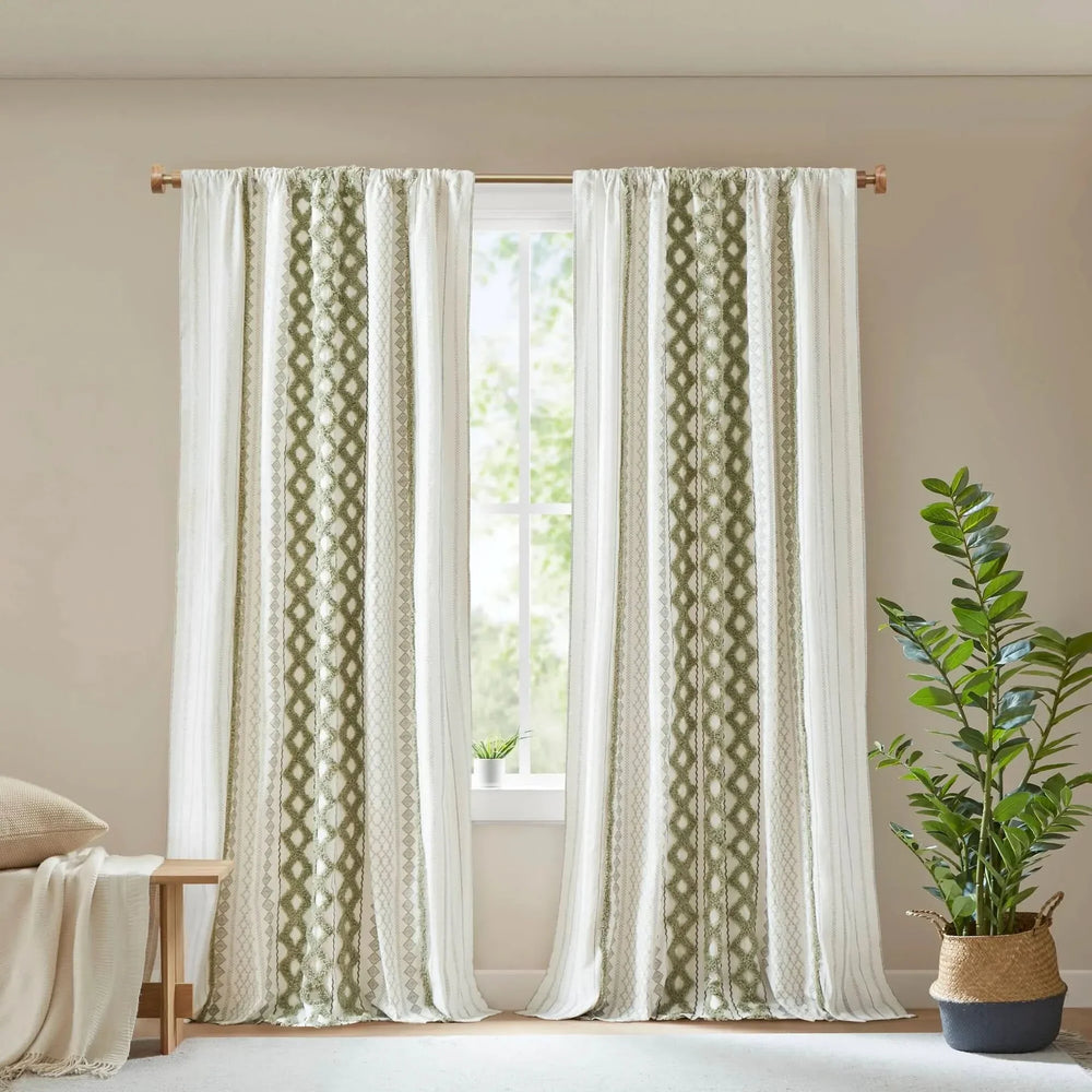 Cotton Curtain Panel 50x95 Inches Printed Chenille Stripe & Lined Green Media 8